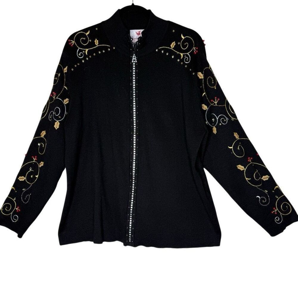 Vintage Quacker Factory Sweater Black Beaded Embellished Zip Front SzXL Holiday